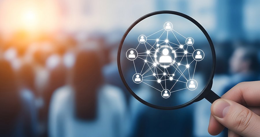 A hand holding a magnifying glass focuses on a network of interconnected user icons, symbolizing connectivity and communication. In the background, a blurred crowd suggests a professional or social setting.