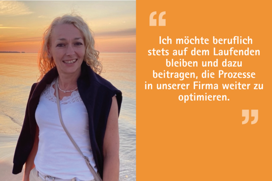 A smiling woman with wavy blonde hair stands in front of a serene sunset over the water. The accompanying text expresses her desire to stay professionally engaged and contribute to optimizing processes within her company.