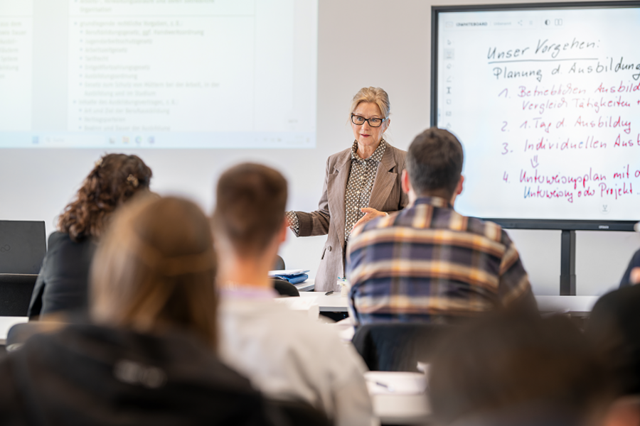 A teacher stands in front of a classroom, engaging with students seated at desks. A presentation is visible on a screen, with notes in German about planning and training processes. The focus is on the teacher's interaction with the class.