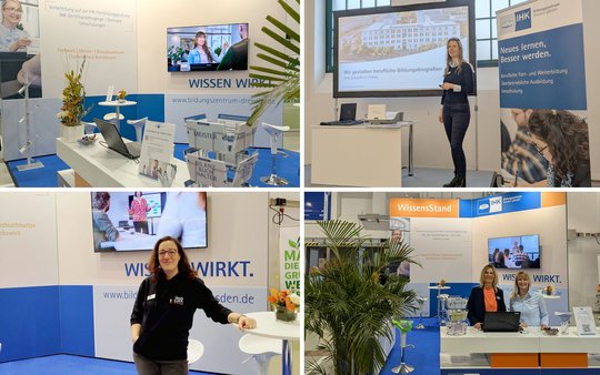 The image showcases a conference booth featuring four sections. There are presentations on screens, informational displays, and two women standing at desks. The overall theme emphasizes education and professional development, with a focus on learning and growth opportunities. 