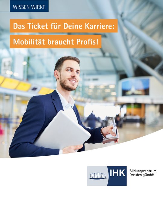 A professional man smiles while holding a tablet in an airport setting. The text above him reads, "The Ticket for Your Career: Mobility Needs Professionals!" The organization's logo is displayed at the bottom, promoting career development in transportation.