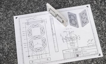 A technical drawing on a white sheet displays detailed measurements and specifications for a mechanical part. An aluminum component, resembling a rectangular block with openings, rests atop the paper, indicating its relevance to the design. The background is a textured gray surface.