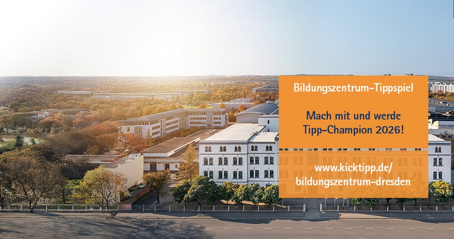 A panoramic view of a building complex surrounded by trees and greenery, with a bright sky. An overlay promotes a prediction game, inviting participation to become the Tipp Champion 2026, and includes a website link for more information.