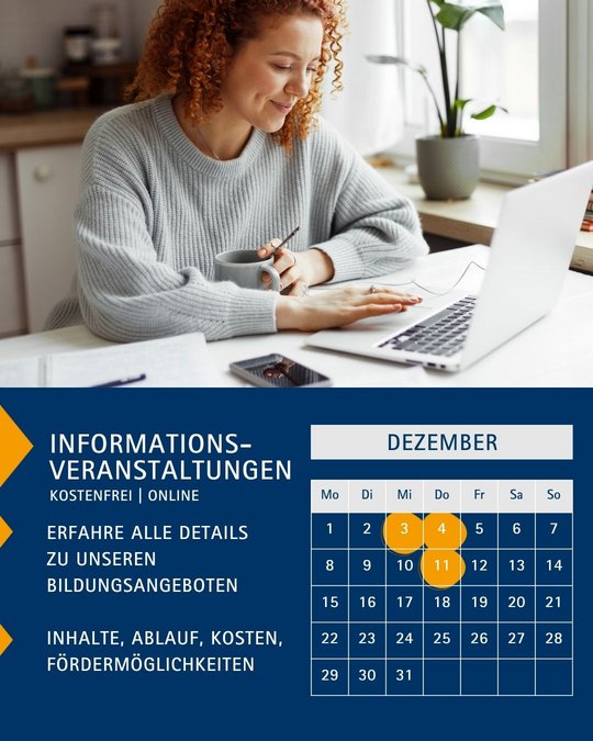 A woman with curly hair sits at a table, smiling while using a laptop. She holds a gray mug and appears engaged with her work. In the background, there is a calendar and text indicating free online information events about educational offerings in December.