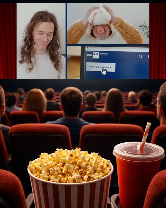 A movie theater scene shows a group of people sitting in red chairs, watching the screen. In the foreground, there's a bucket of popcorn and a drink. The background features two smaller screens with a young man smiling and a person in a costume holding a pig mask.