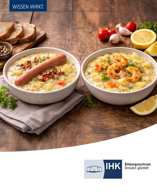 Two bowls of hearty soup are presented side by side. One bowl contains a sausage and vegetables, while the other features shrimp and vegetables. Fresh ingredients, along with slices of bread and lemon wedges, accompany the soup. The image promotes a culinary theme with a logo in the corner.